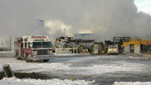 Natural gas line severed by vehicle crash ignites fire at gas station east of Edmonton