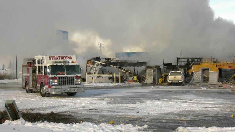 Natural gas line severed by vehicle crash ignites fire at gas station east of Edmonton